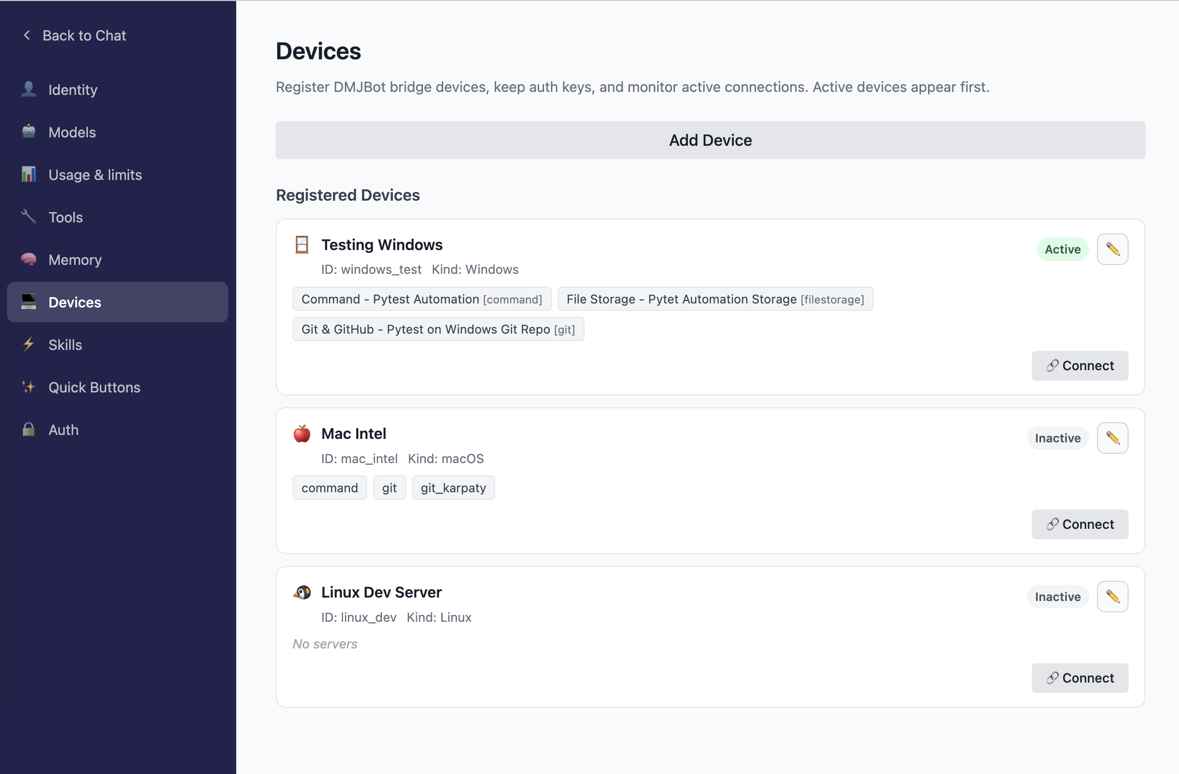 Devices list