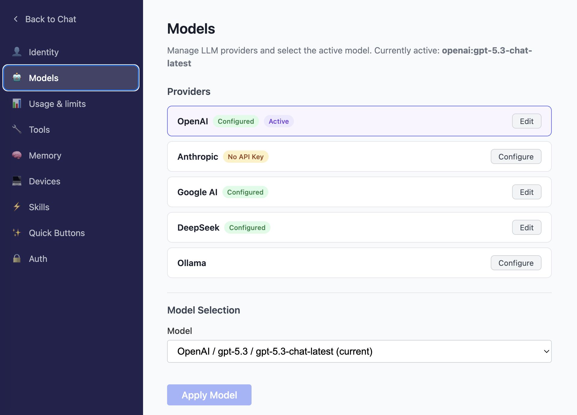Models provider setup card