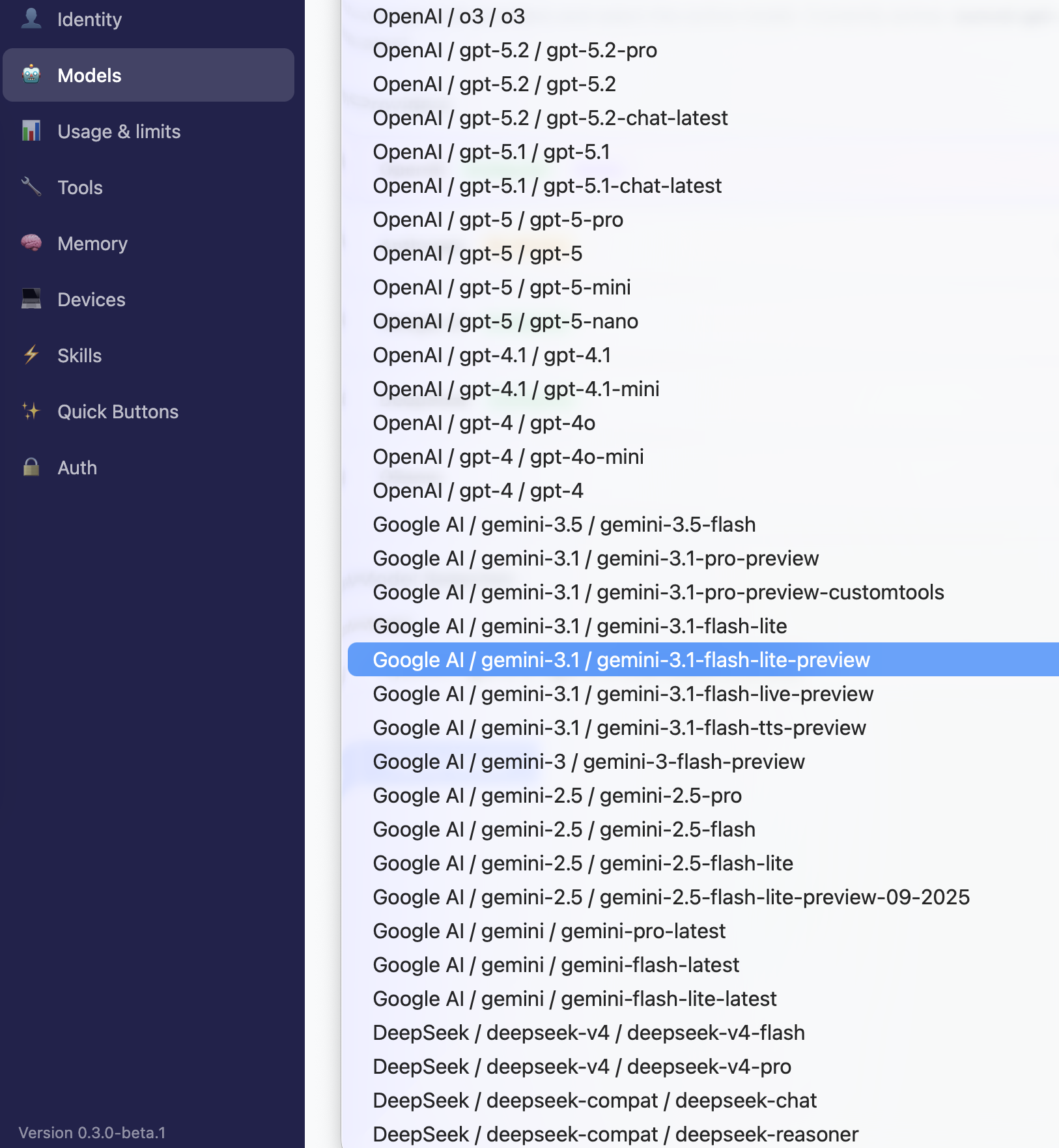 Models selection dropdown