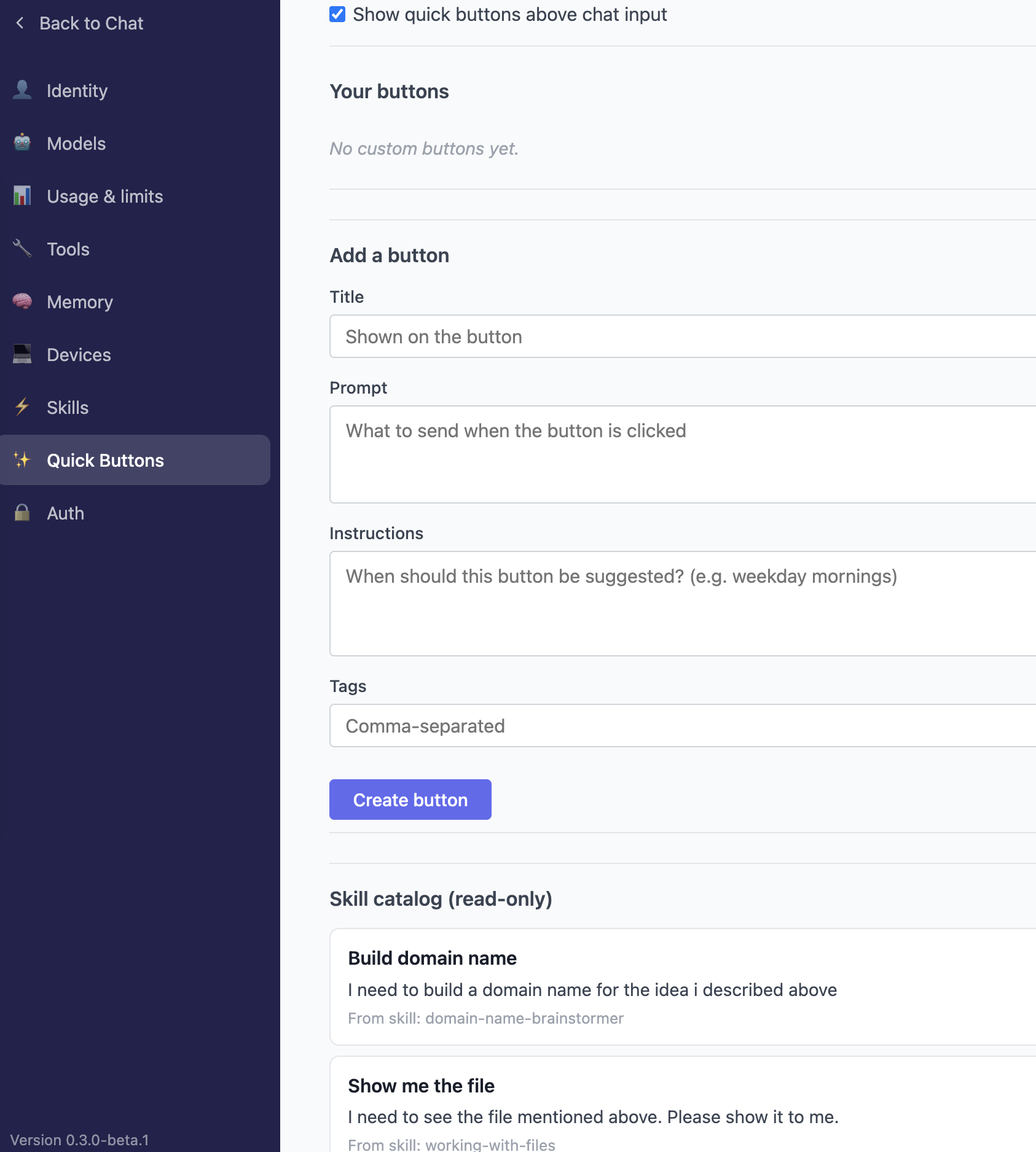 Quick buttons feature toggle and list